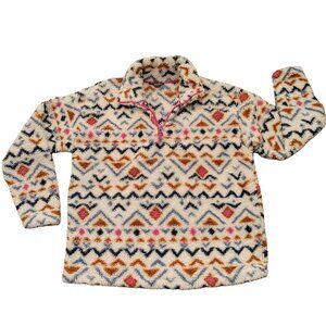 Eddie Bauer Women's L 1/4 Zip Fleece Pullover Aztec Tribal Faux Fur Jacket Cozy